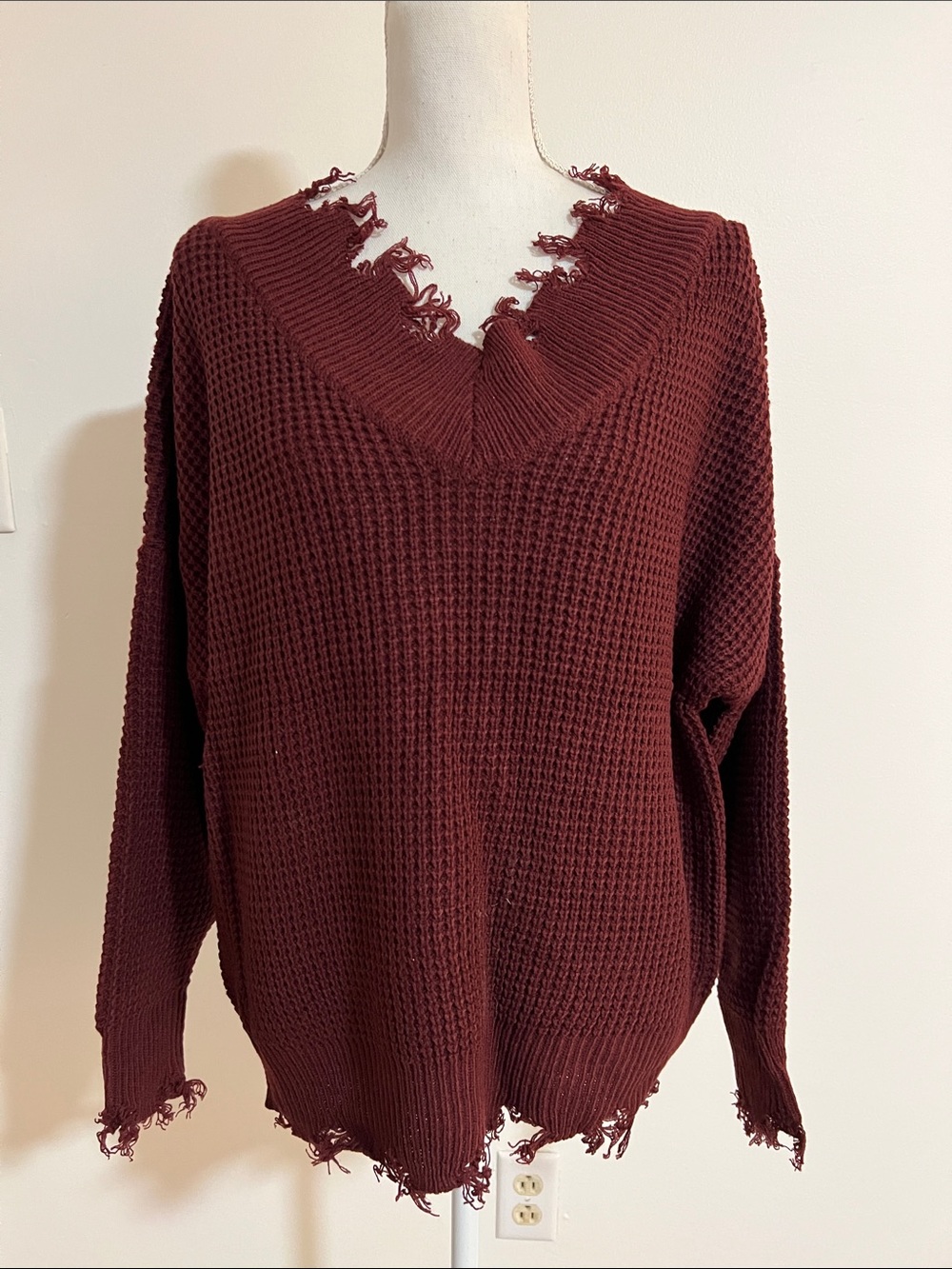 V-Neck Relaxed Waffle Knit Sweater
